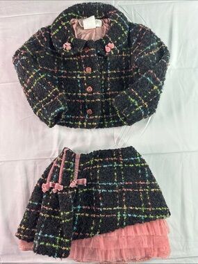 Biscotti Black Tweed Skirt and Jacket Set with Pink, Blue, Green Accents